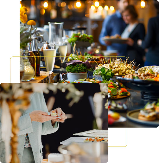 Un buffet elegante con una varietà di antipasti e piatti colorati, persone che socializzano sullo sfondo. Focalizzazione su un primo piano di mani che servono cibo.