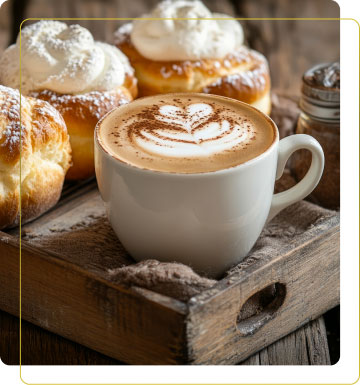 Una tazza di caffè con un cappuccio di schiuma decorato, accompagnata da dolci soffici e ricchi di crema su un vassoio di legno.
