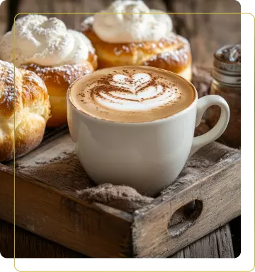 Una tazza di caffè con un cappuccio di schiuma decorato, accompagnata da dolci soffici e ricchi di crema su un vassoio di legno.