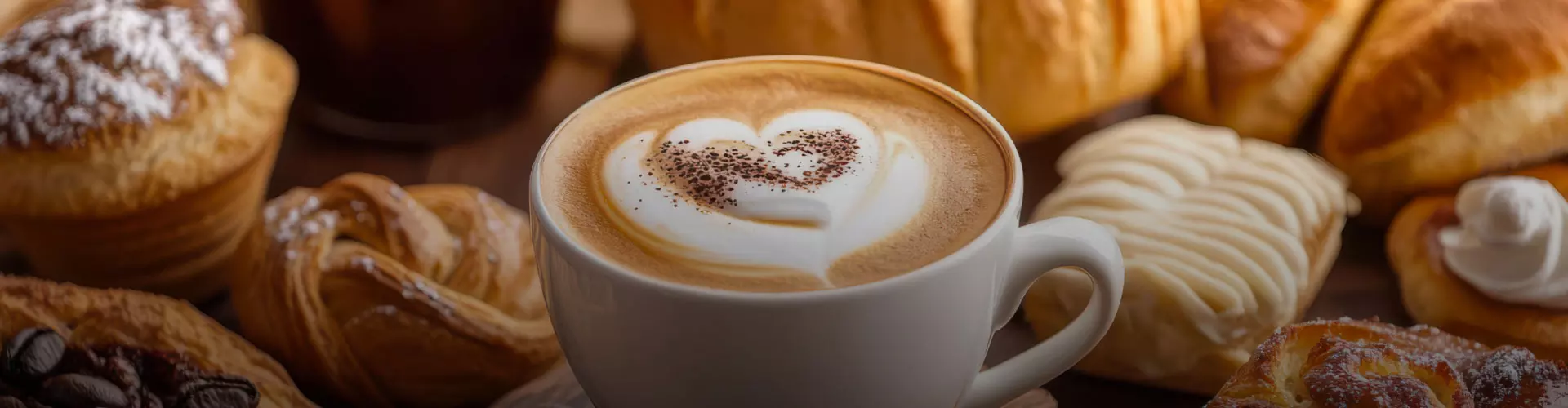 Colazione. Tazza di caffè con latte, decorata con un motivo a forma di cuore e una spolverata di cacao. Sullo sfondo, dolci e pane.