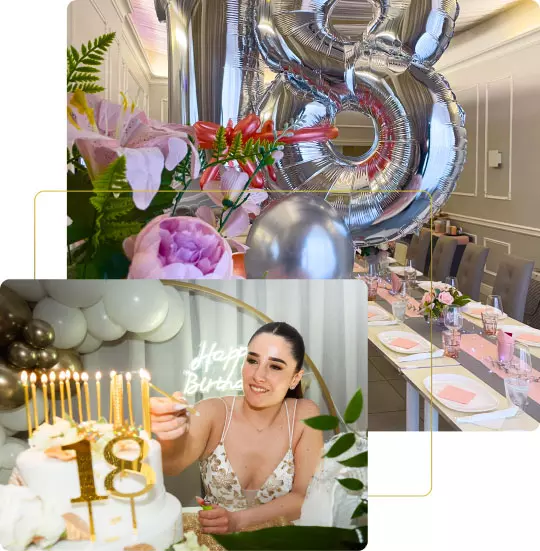 Una scena di festa di compleanno con decorazioni floreali, palloncini argentati e una tavola imbandita. Una ragazza accende le candeline su una torta decorata.