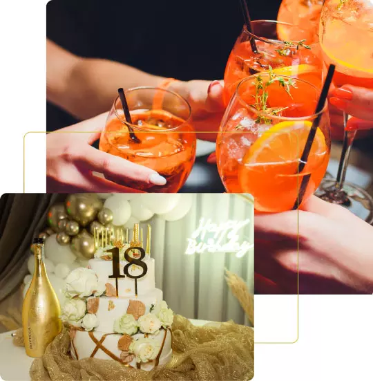 Brindisi con cocktail colorati in primo piano, accompagnati da una torta di compleanno con decorazioni eleganti e un'insegna luminosa 'Happy Birthday' per festeggiare un 18° compleanno.