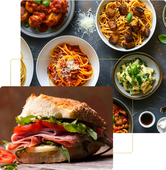 Una varietà di piatti italiani che include pasta al pomodoro, spaghetti con formaggio, e un panino farcito con salumi freschi e verdure. I colori vivaci e la disposizione invitano all'assaggio.